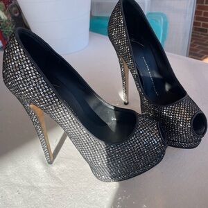 Giuseppe Zanotti Black and Silver Crystal Peep Toe Stunning Heels